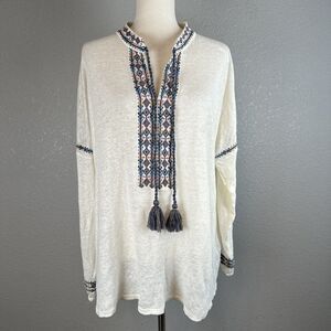 Sundance Womens Gisele Geo Top L Large Beige Linen Multicolor Embroidered Tassel